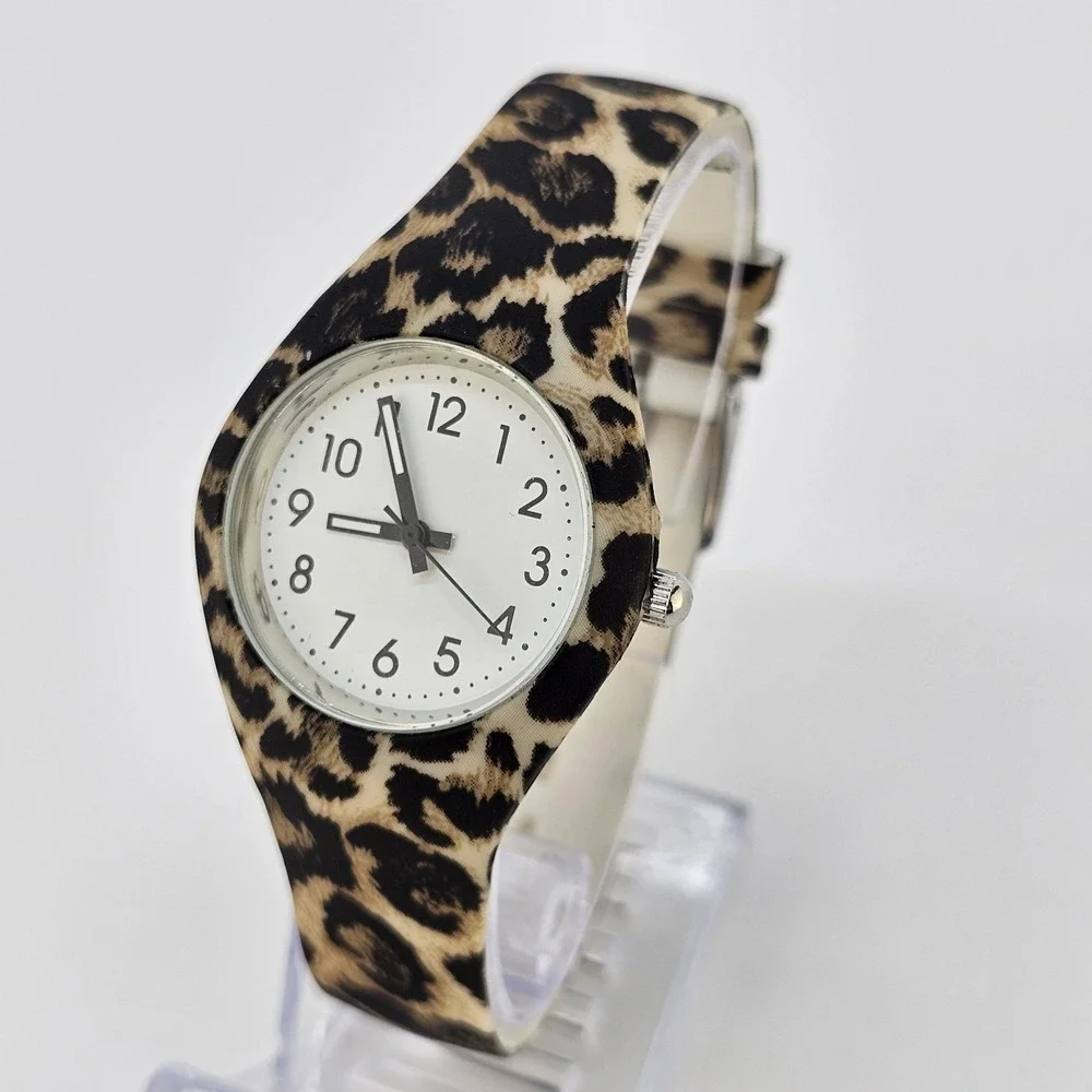 Women's Analog Watch 34MM White Dial Leopard Plastic Bands NEW Battery